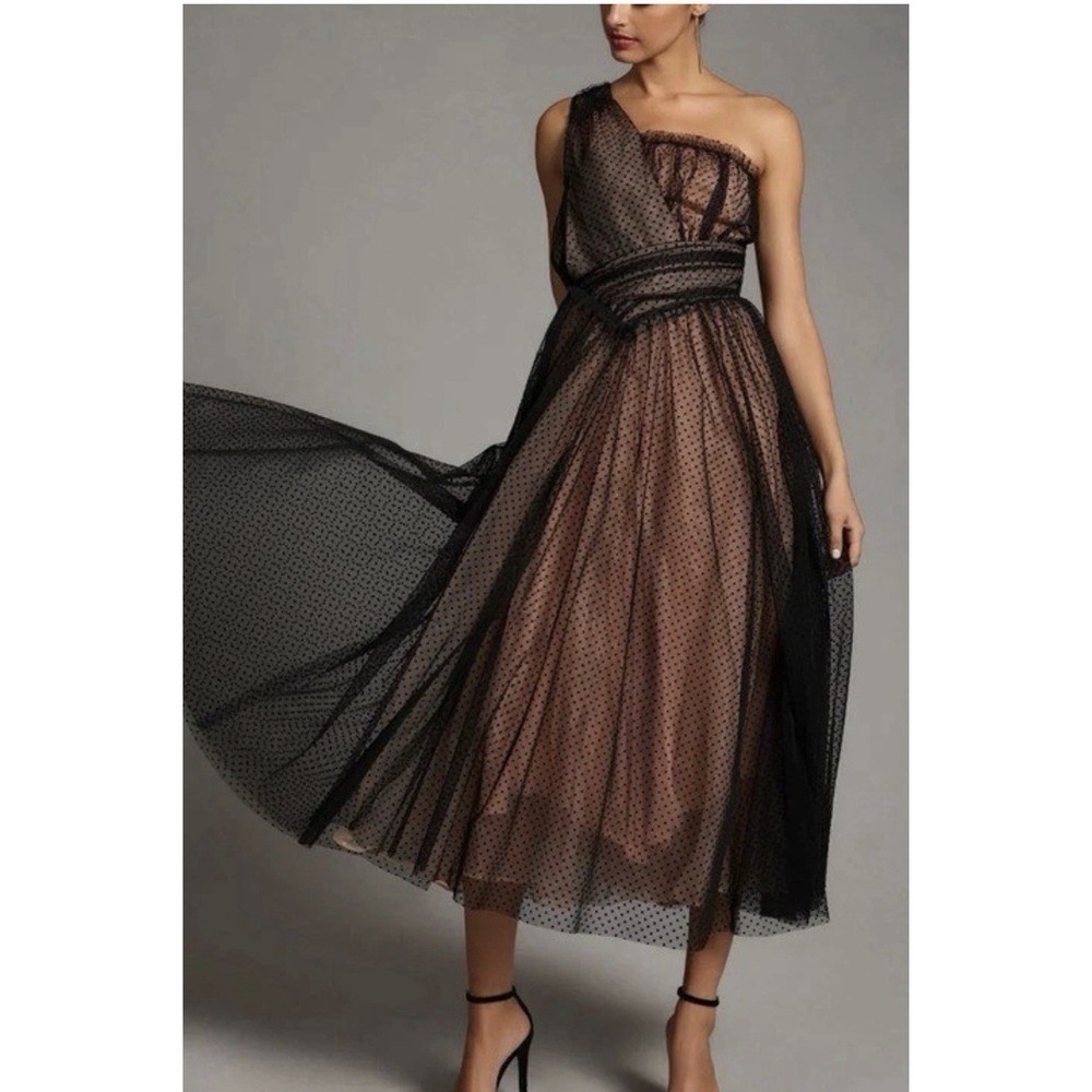 Anthropologie Tulle Swiss Dot Black Mesh Layered One Shoulder Dress Sz 12P Glam
